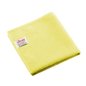 Złożona, żółta ściereczka z mikrofibry Vileda Professional r-MicroTuff Swift z wszytą białą etykietą.