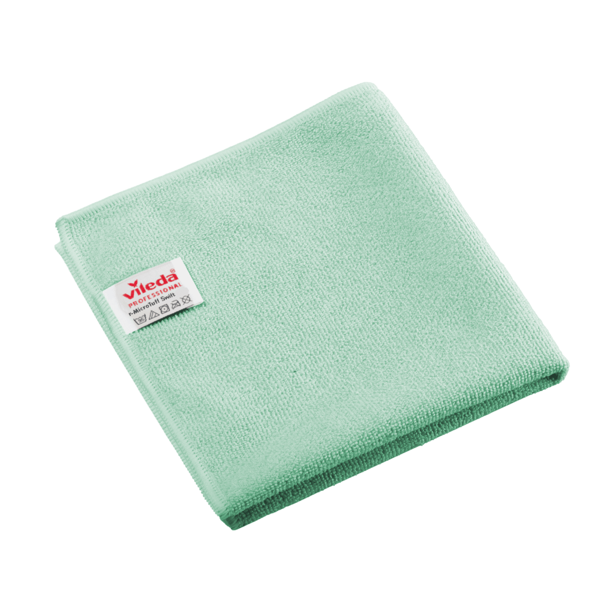 Złożona, zielona ściereczka z mikrofibry Vileda Professional r-MicroTuff Swift z wszytą białą etykietą.