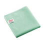 Złożona, zielona ściereczka z mikrofibry Vileda Professional r-MicroTuff Swift z wszytą białą etykietą.