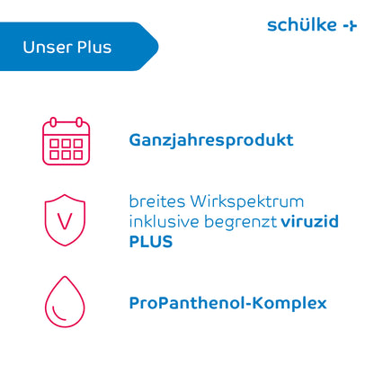 Obrazek to grafika reklamowa z niemieckim tekstem i trzema symbolami. Tekst brzmi „Nasze Plusy”, „Produkt całoroczny”, „szerokie spektrum działania w tym ograniczone wirusobójcze PLUS” oraz „Kompleks ProPanthenol”. Prezentowany jest przez Schülke & Mayr GmbH, z naciskiem na formułę pielęgnacyjną dla środka do dezynfekcji rąk Schülke desmanol® care.