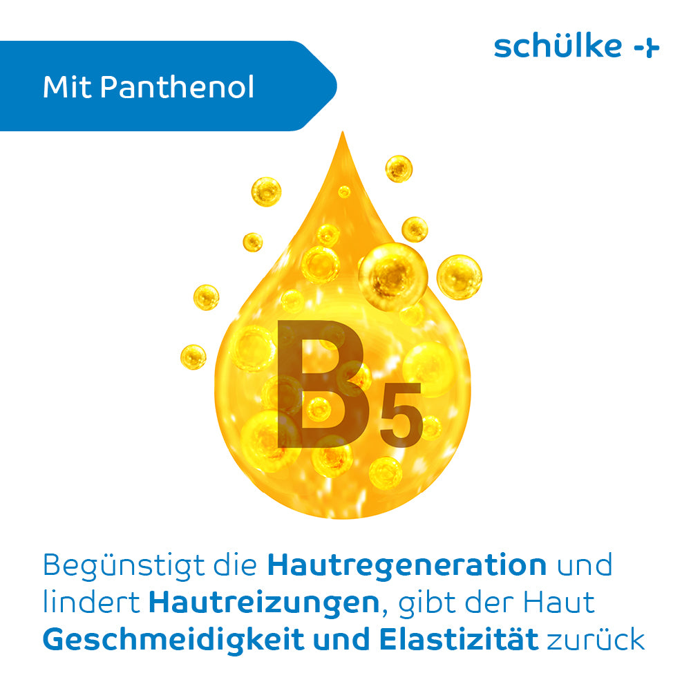 Auf der Flasche der Schülke Sensiva® Regenerationscreme (50 ml) von Schülke & Mayr GmbH ist ein orangefarbener Tropfen mit „B5“ abgebildet. Die Aufschrift „Mit Panthenol“ besagt, dass die Creme die Hautregeneration unterstützt, intensive Feuchtigkeit spendet, Reizungen lindert und der Haut ihre Glätte und Elastizität zurückgibt.