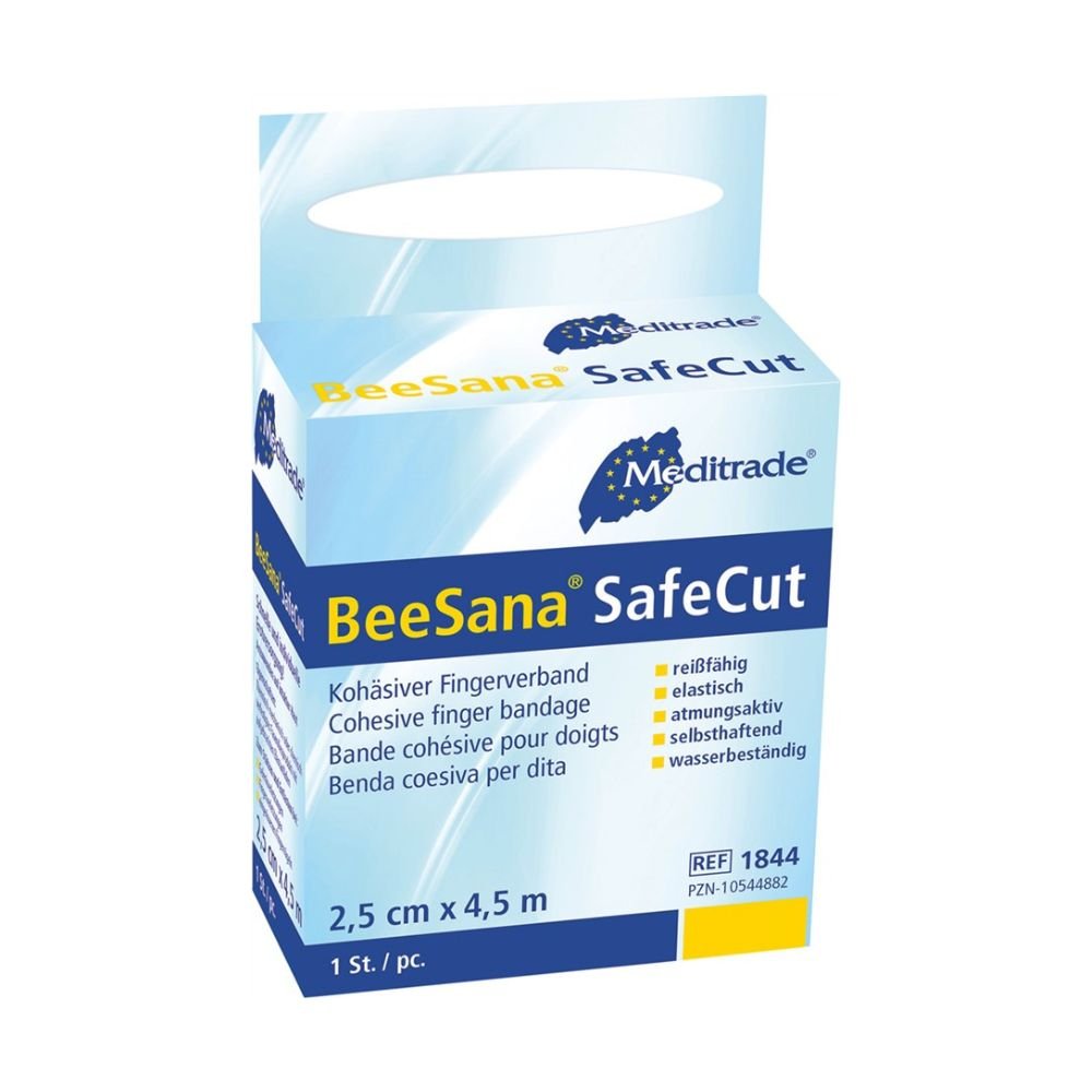 Obraz przedstawia opatrunek na palec BeeSana© SafeCut firmy Meditrade GmbH w niebiesko-żółtym opakowaniu z napisem „Opatrunek na palec” i „bez lateksu”. Ma wymiary 2,5 cm x 4,5 m z rolką w środku, zawiera tekst w wielu językach i ma numer referencyjny 1844 dla potrzeb ochrony ran.
