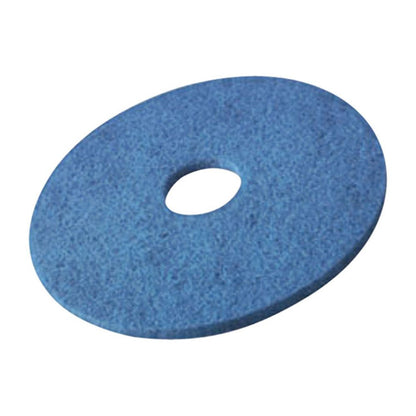 Na zdjęciu widać niebieski, okrągły pad z otworem w środku, podobny do Vileda Professional DynaCross Superpads od Vileda GmbH. Jest idealny do polerowania podłóg i ma teksturowaną powierzchnię, która doskonale nadaje się do intensywnej pielęgnacji podłóg, zapewniając skuteczne czyszczenie i lepszą stabilność maszyn.