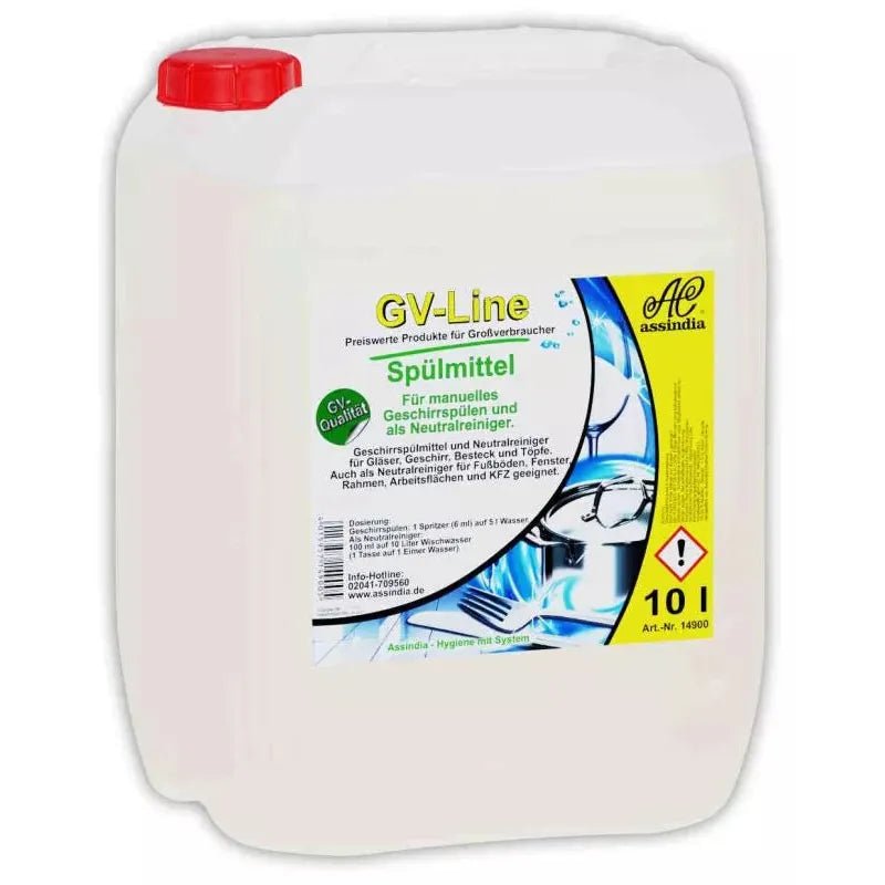 10-litrowy plastikowy pojemnik GastroPower GV Płyn do mycia naczyń od Abena Re-Seller GmbH, przeznaczony do ręcznego mycia i czyszczenia naczyń - idealny jako profesjonalny środek do mycia naczyń. Dostarczany jako 1 opakowanie (1x10L).
