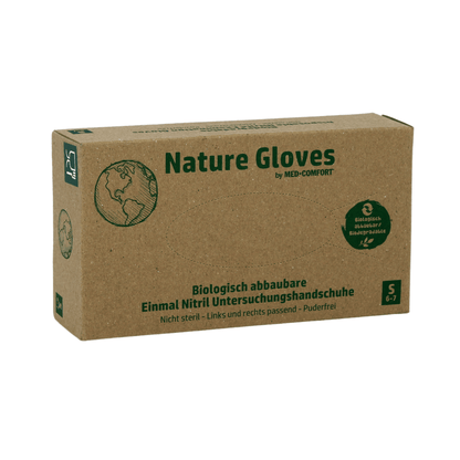 Karton z biodegradowalnymi rękawicami nitrylowymi do badań od AMPri Nature Gloves, w języku niemieckim z napisem „Rękawice nitrylowe Biodegradowalne” i symbolem wskazującym, że są biodegradowalne. Karton zawiera bezpudrowe rękawice w rozmiarze Small (6-7) od AMPri Handelsgesellschaft mbH.