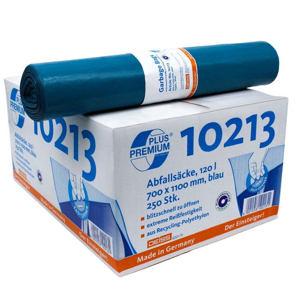 W kartonie z napisem „DEISS Premium Plus® Typ-60 worki na odpady 10213“ i niemiecką specyfikacją znajdują się niebieskie worki na odpady neutralne dla klimatu, wykonane z materiałów z recyklingu. Na górze jest przedstawiona rolka worków. Worki mają pojemność 120 litrów, a w kartonie znajduje się 250 sztuk. Wyprodukowane przez EMIL DEISS KG (GmbH + Co.) w Niemczech.