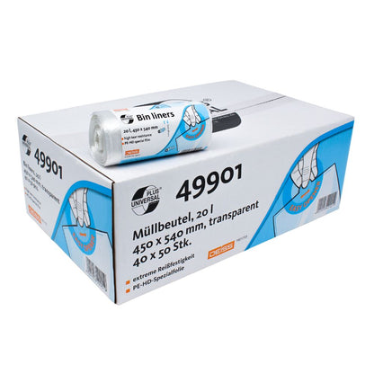 Do kartonu z napisem „DEISS Universal Plus® Worki na śmieci 20 litrów, 49901“ dołączona jest rolka przezroczystych worków na śmieci. Te wytrzymałe worki o pojemności 20 litrów mają wymiary 450 x 540 mm i są wykonane ze specjalnej folii HDPE. Opakowanie podkreśla funkcje DEISS Universal Plus w kilku językach i zostało wyprodukowane przez EMIL DEISS KG (GmbH + Co.).