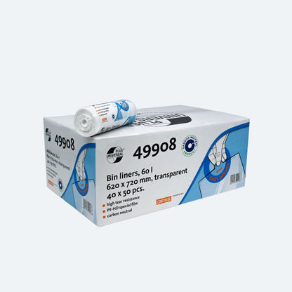 Karton i rolka przezroczystych worków na śmieci DEISS Universal Plus® 60 litrów z napisem „49908”, wyprodukowanych przez EMIL DEISS KG (GmbH + Co.). Karton zawiera 40 rolek o pojemności 60 litrów każda i wymiarach 620 x 720 mm. Opakowanie wykonane z HDPE charakteryzuje się wysoką wytrzymałością na rozdarcia i neutralnością CO2.