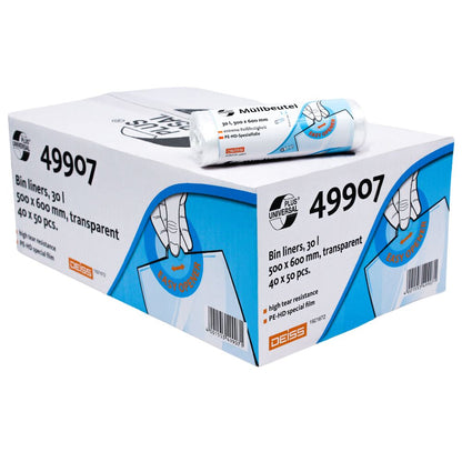 Pudełko worków na śmieci DEISS Universal Plus®, oznaczone kodem „49907”, pokazuje mniejszą rolkę na wierzchu. Opakowanie przedstawia rękę trzymającą przezroczysty, odporny na rozdarcia worek o pojemności 30 litrów. Ma wymiary 500 x 600 mm i zawiera 40 paczek worków ze specjalnej folii HDPE po 50 sztuk. Ten produkt pochodzi od EMIL DEISS KG (GmbH + Co.).