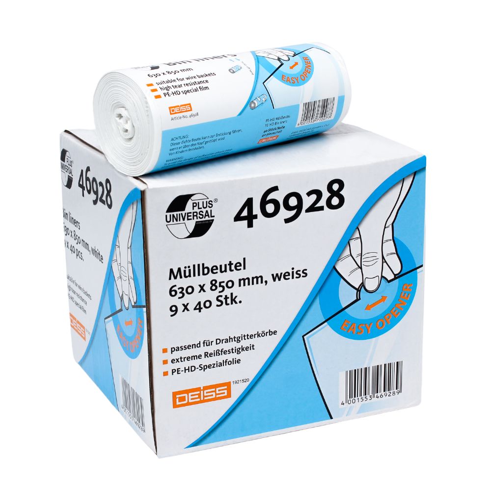 Produkt to opakowanie worków na śmieci DEISS Universal Plus® 80 litrów, 46928 od EMIL DEISS KG (GmbH + Co.), z kompaktową rolką na górze. Najbardziej wytrzymały worek na śmieci o wymiarach 630 x 850 mm zawiera 40 worków na 9 rolkach i posiada funkcję „Easy Opener”, co czyni go idealnym do koszy na śmieci z drutu.