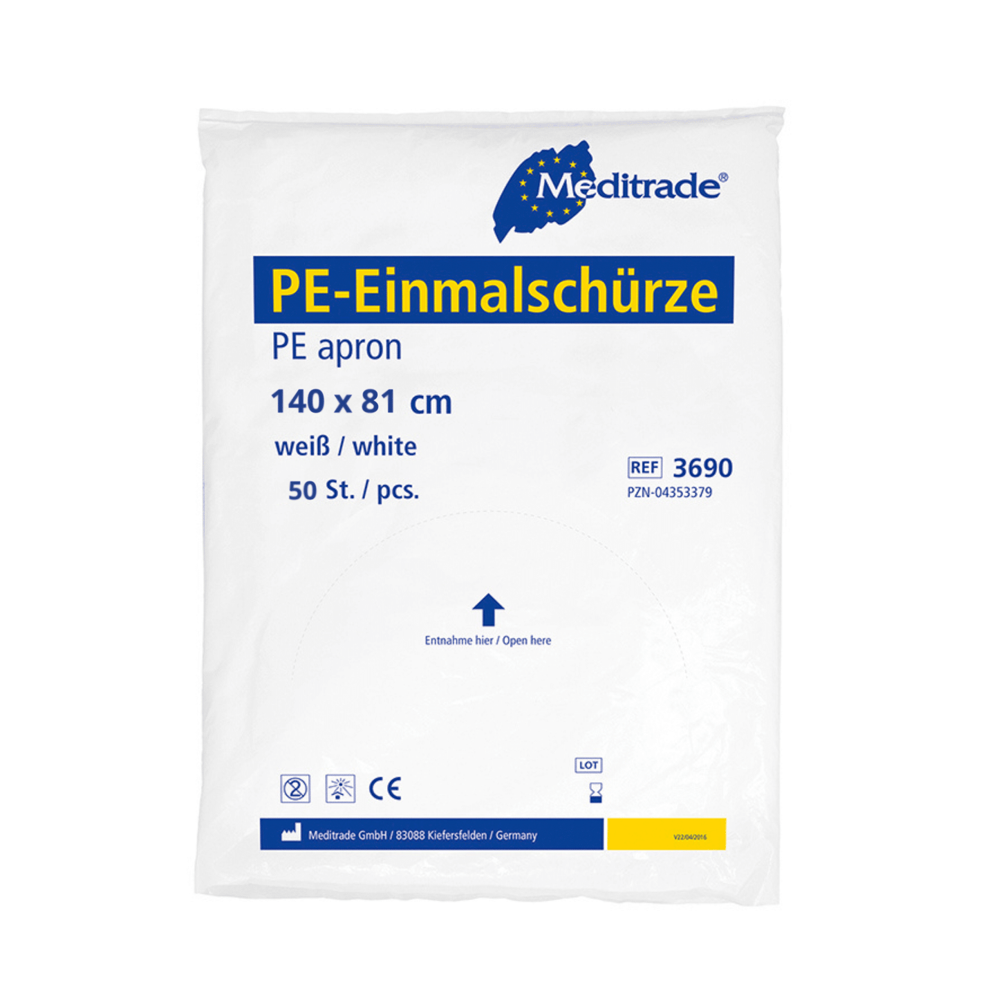 Zapakowany biały fartuch Meditrade PE Einmalschürze, oznaczony wymiarami „140 x 81 cm”, informacjami o produkcie i logo firmy, wskazujący, że zawiera Meditrade PE Einmalschürze (biały) – 100 sztuk od Meditrade GmbH.