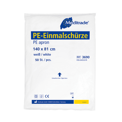 Zapakowany biały fartuch Meditrade PE Einmalschürze, oznaczony wymiarami „140 x 81 cm”, informacjami o produkcie i logo firmy, wskazujący, że zawiera Meditrade PE Einmalschürze (biały) – 100 sztuk od Meditrade GmbH.