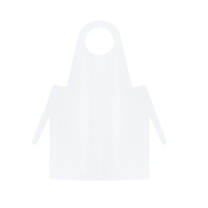 Prosty, gładki biały fartuch z LDPE bez wzorów czy logotypów, przedstawiony z przodu. Meditrade PE Einmalschürze (biały) - 100 sztuk posiada pętlę na szyję i dwa długie paski w talii.